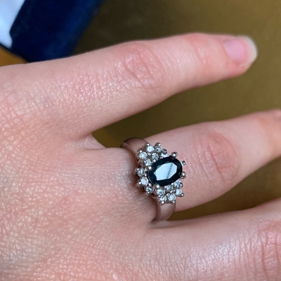 Blue Sapphire and 18 Diamond 14K White Gold Engagement Ring - Picture 1 of 4